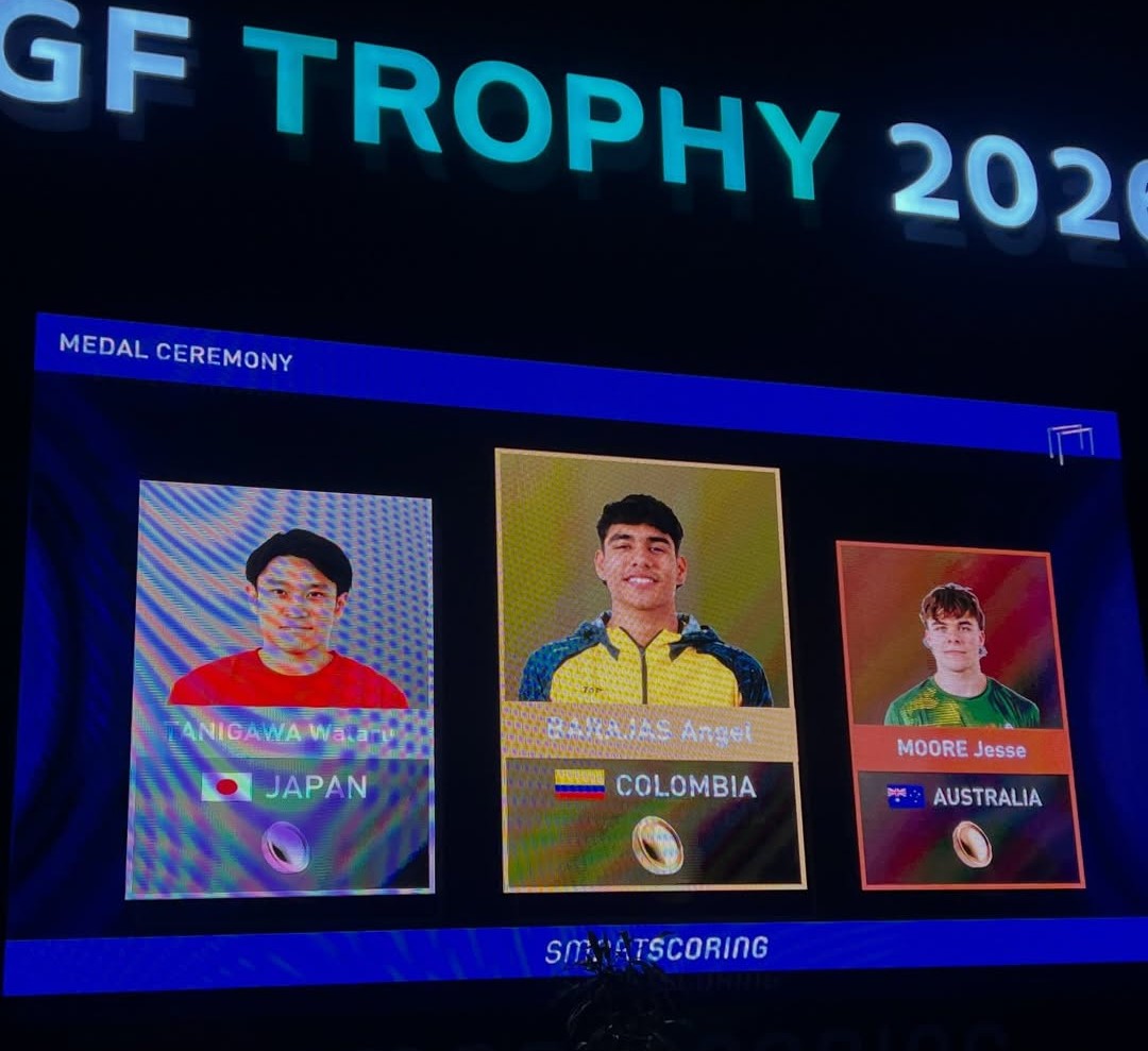 Equipo de gimnastas colombianos que viajaron a Bakú para participar en la Copa del Mundo de Gimnasia Artística de la Federación Internacional de Gimnasia (FIG)